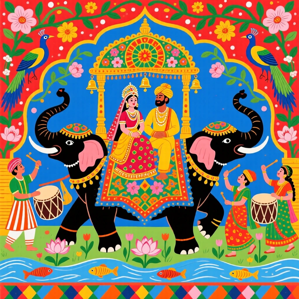 A royal wedding procession accompanied by drummers and dancing elephants.