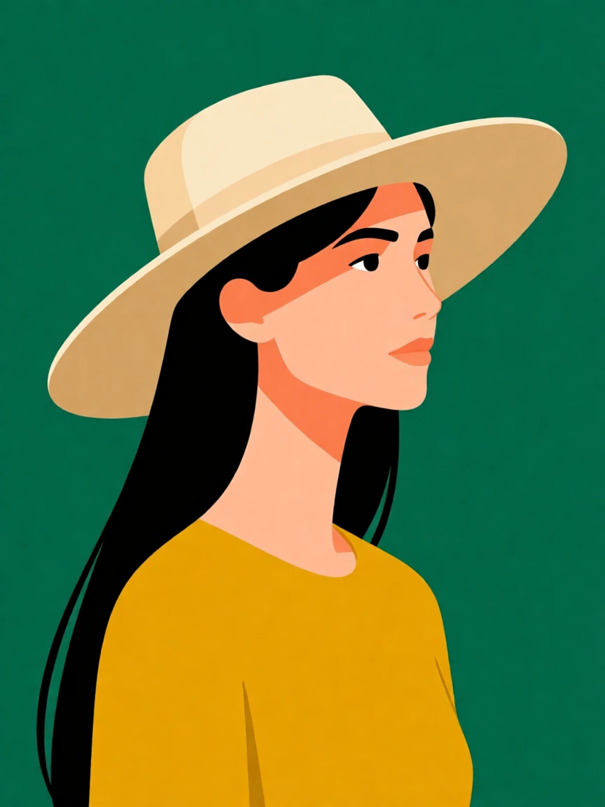 Minimalist illustration of a woman with long black hair, a beige hat, and a mustard-yellow top against a deep green background.