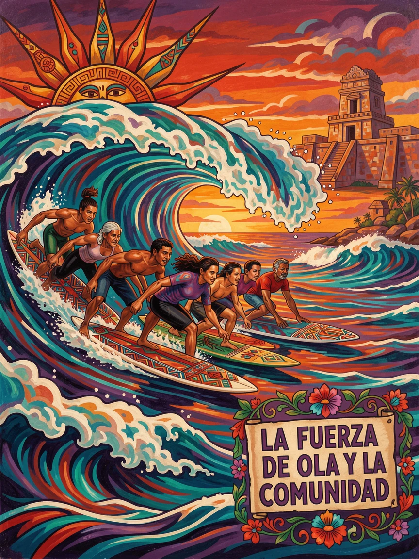 A group of surfers riding a wave at sunset