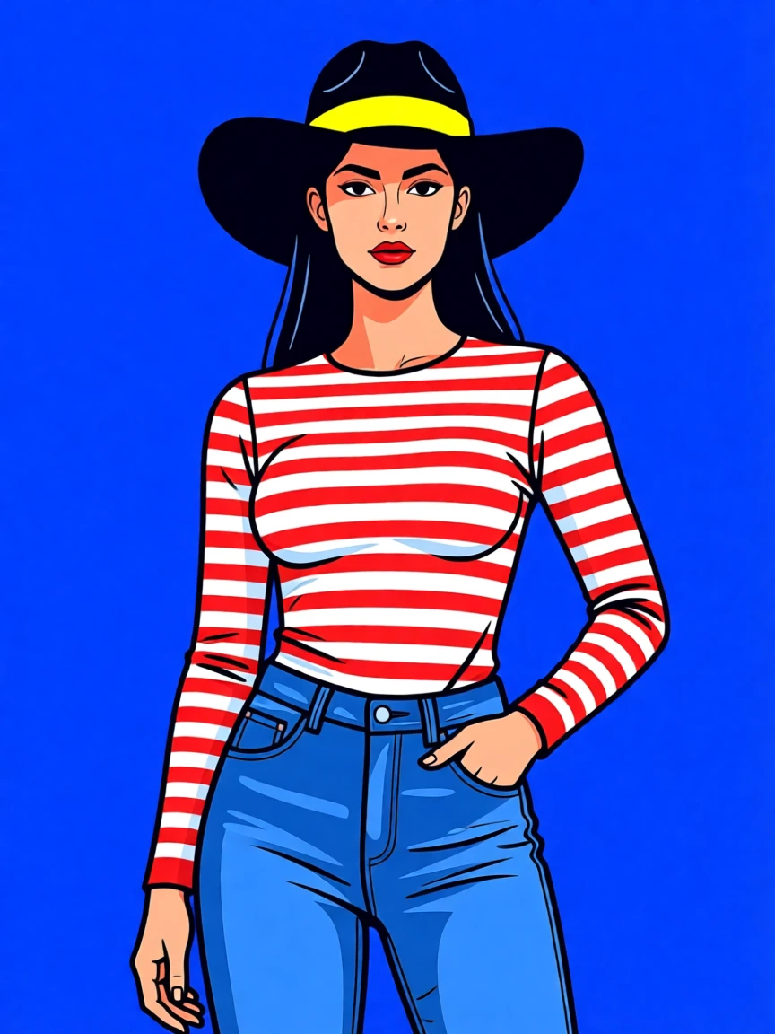 Stylized illustration of a fashionable person in bold colors, wearing a striped top, jeans, and a hat, set against a vivid blue background.
