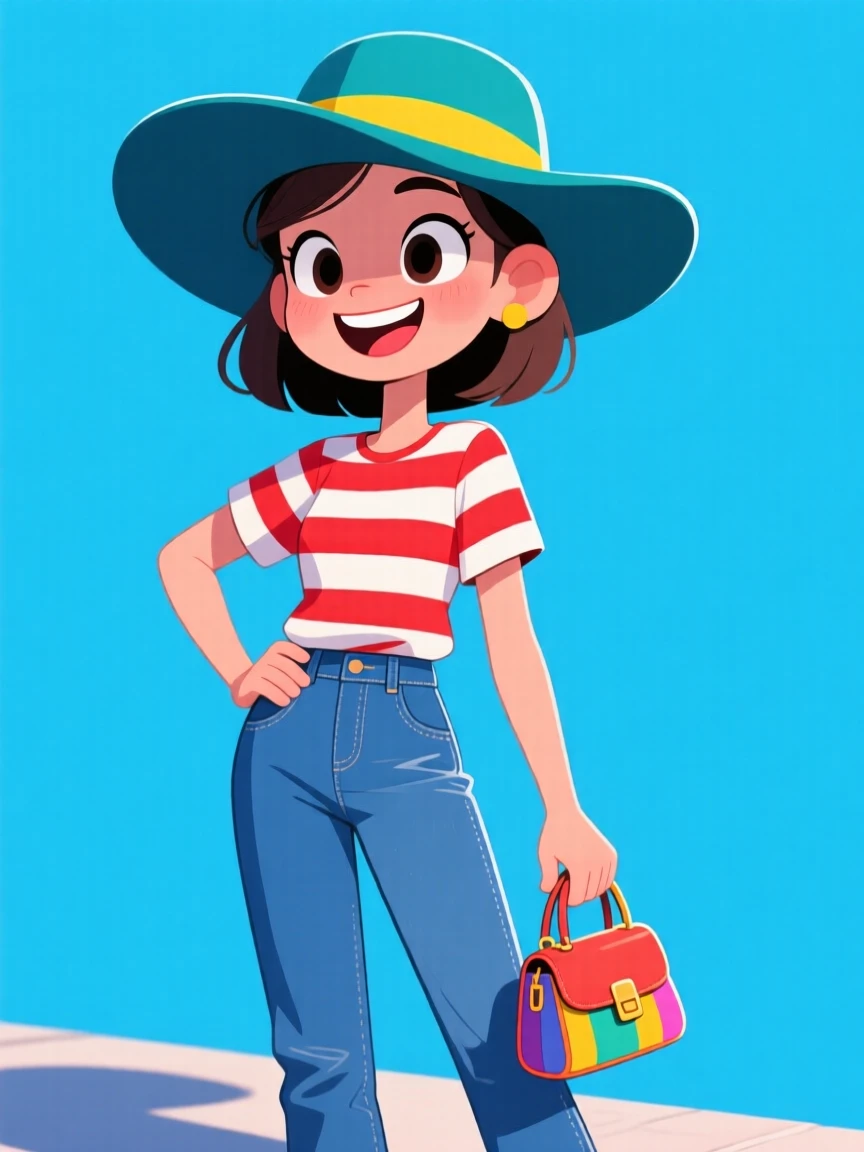 Stylized illustration of a fashionable person in bold colors, wearing a striped top, jeans, and a hat, set against a vivid blue background.