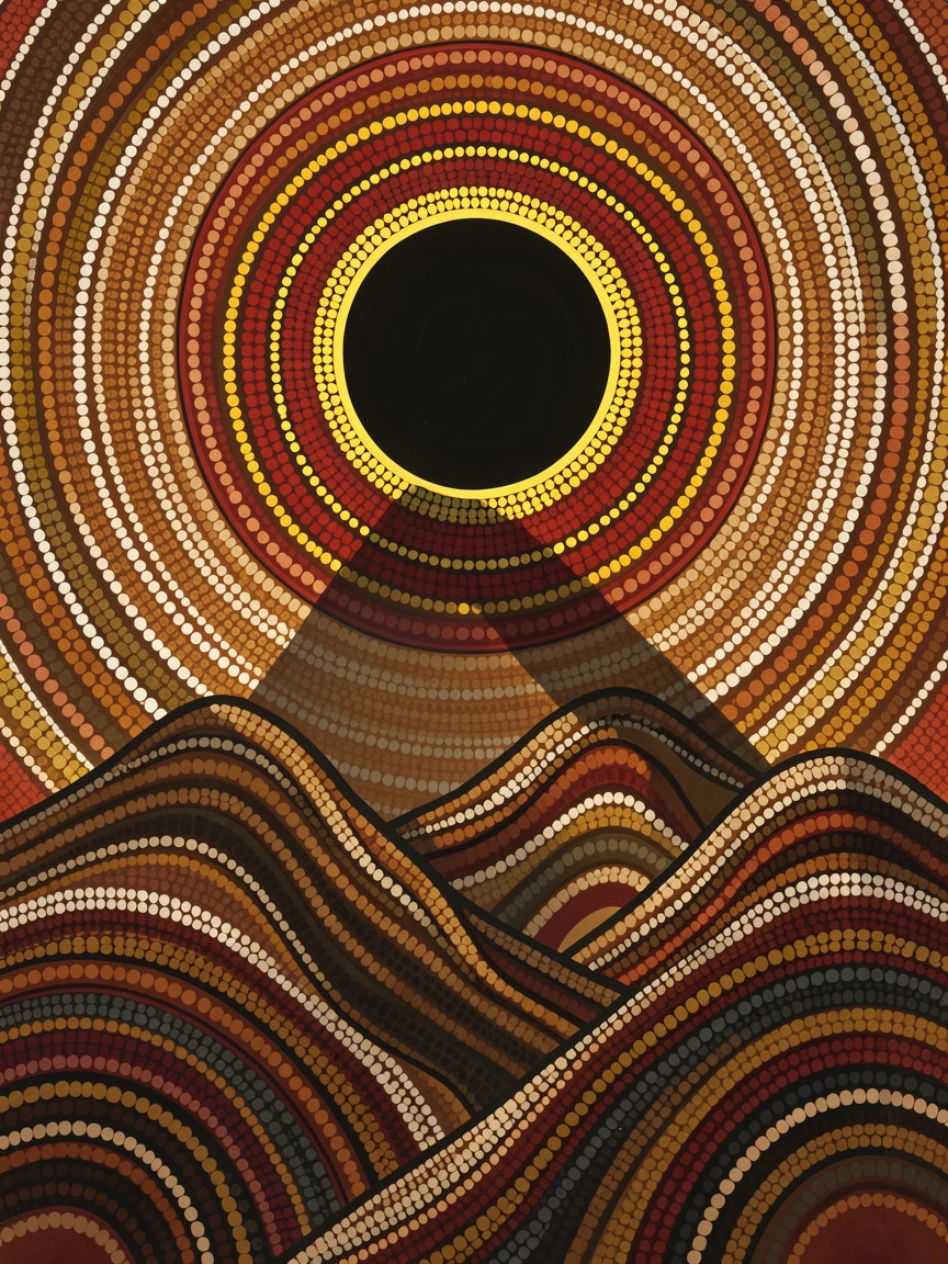 A solar eclipse casting shadows over mountains