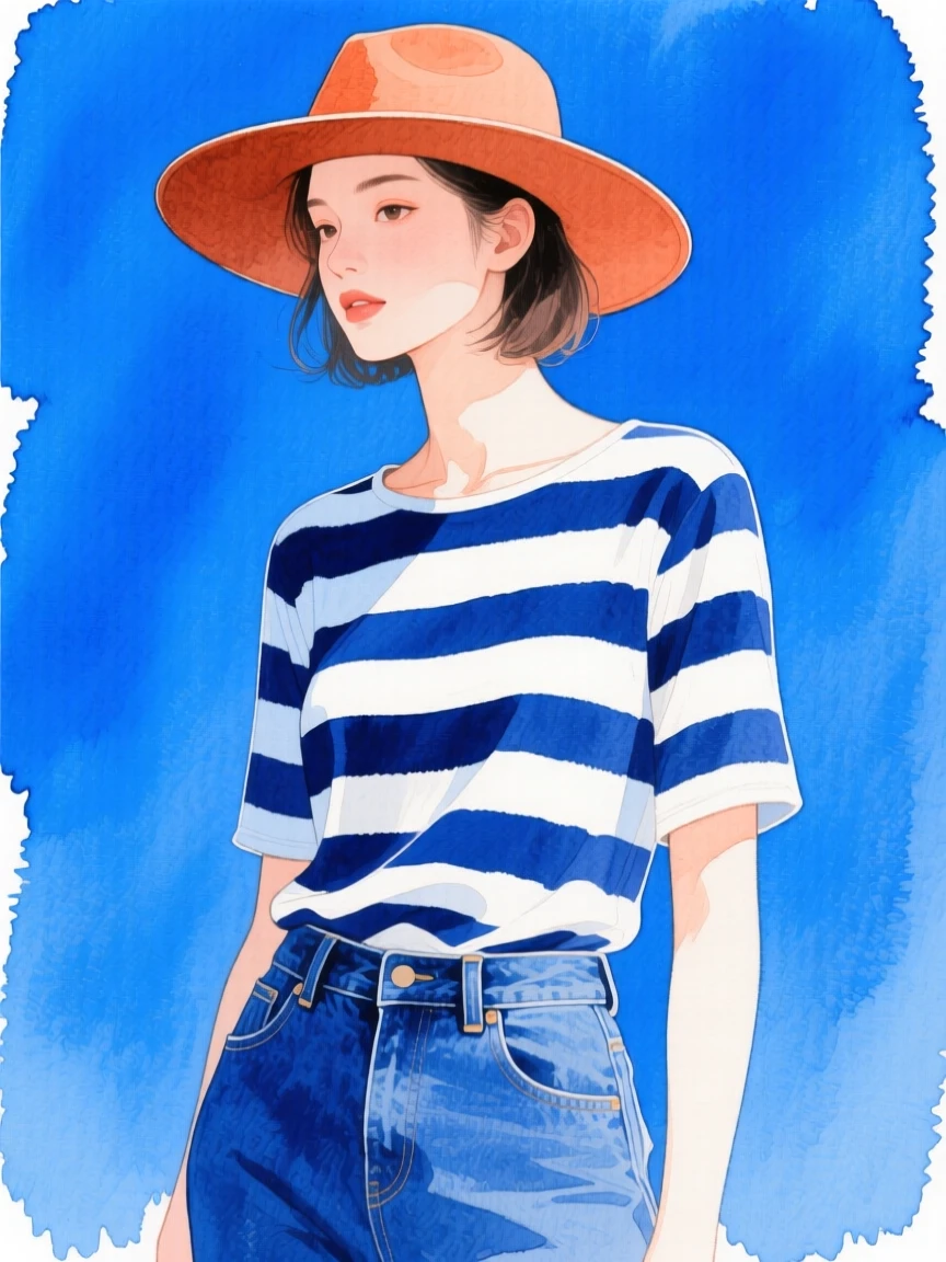 Stylized illustration of a fashionable person in bold colors, wearing a striped top, jeans, and a hat, set against a vivid blue background.