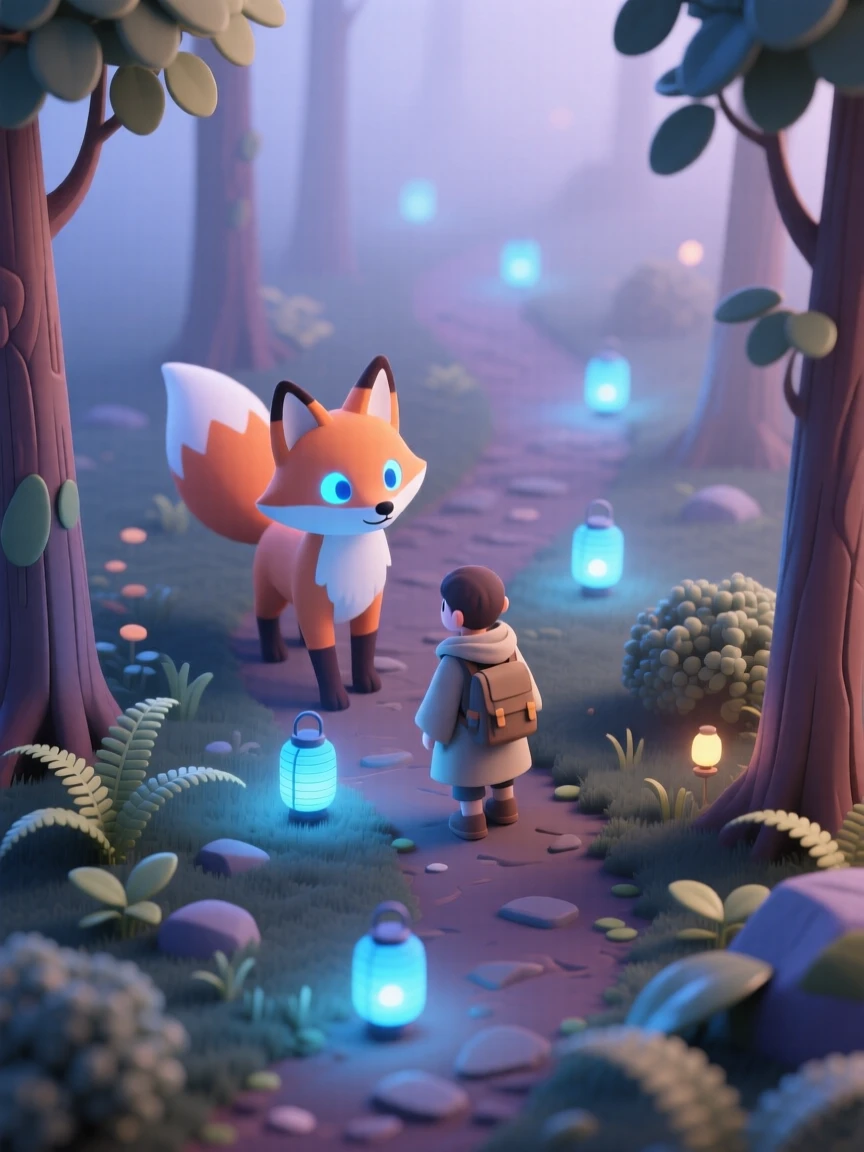 A fox spirit guiding a lost traveler through a foggy forest using a trail of glowing blue lanterns.