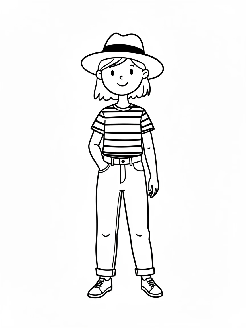 Stylized illustration of a fashionable person in bold colors, wearing a striped top, jeans, and a hat, set against a vivid blue background.