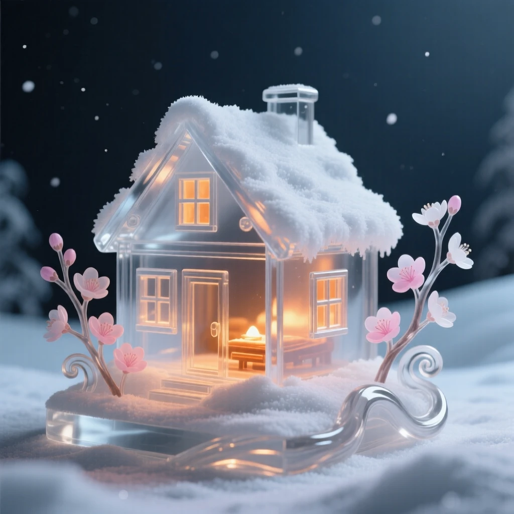 A snowy cabin glowing warmly against a dark winter sky as the first blossoms of spring begin to open, while the scent of fresh baking fills the air