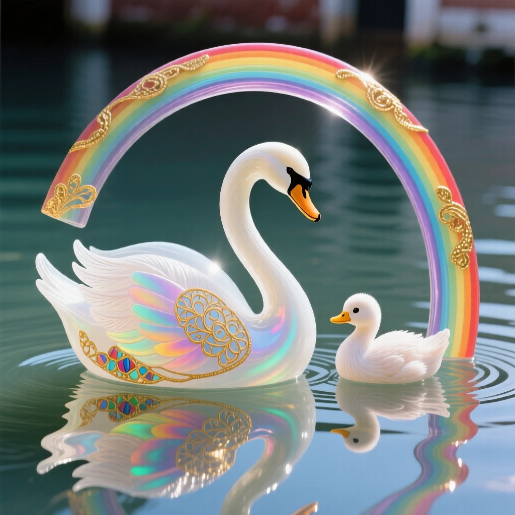 A mother swan and cygnets gliding beneath a rainbow reflected on calm water, tender and hopeful.