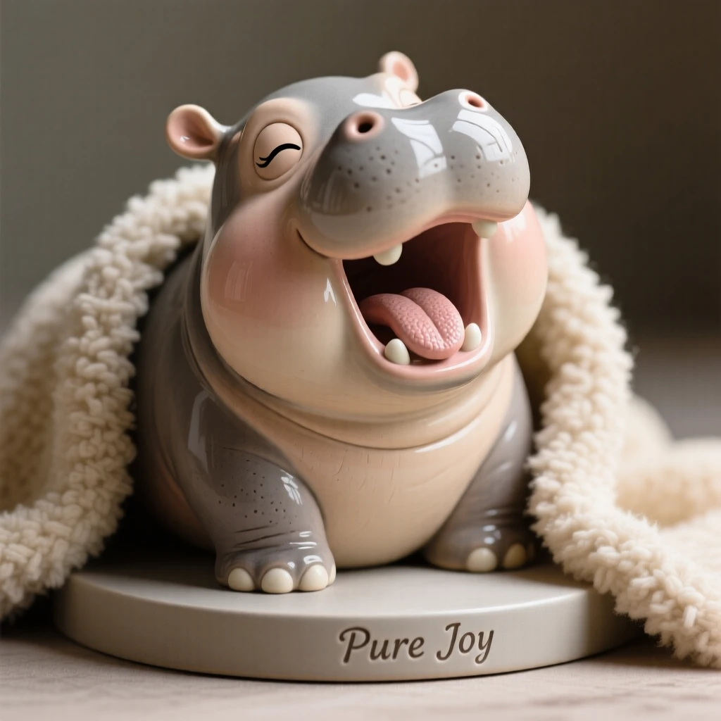 A chubby-cheeked baby hippo yawning wide frozen mid-giggle in a joyful moment, surrounded by soft, cozy textures, evoking pure, heartwarming sweetness.