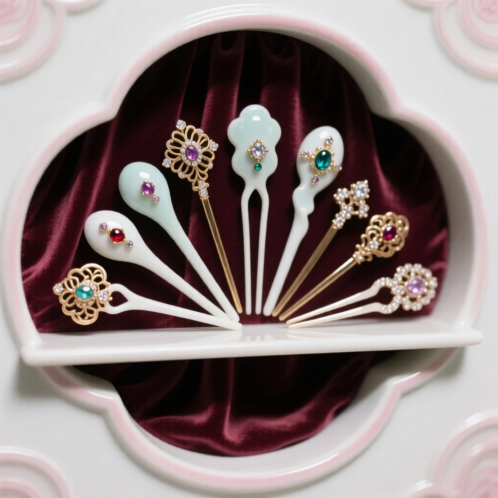 A collection of jeweled hairpins arranged on a velvet-lined shelf, forming a harmonious, elegant composition.