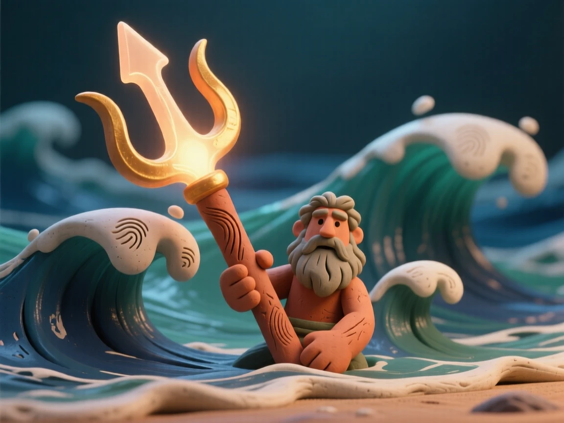 Poseidon's trident glowing beneath crashing ocean waves