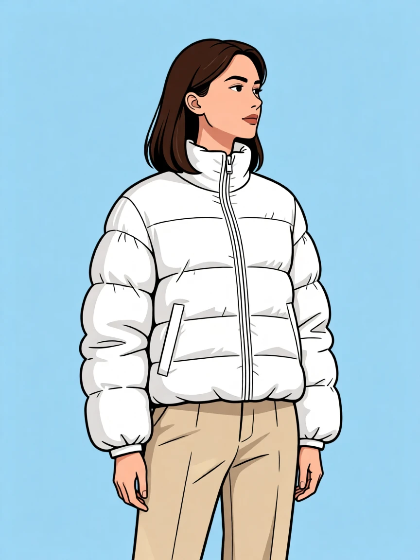Stylish illustration of a woman in a white puffer jacket and beige pants, exuding calmness against a light blue background.
