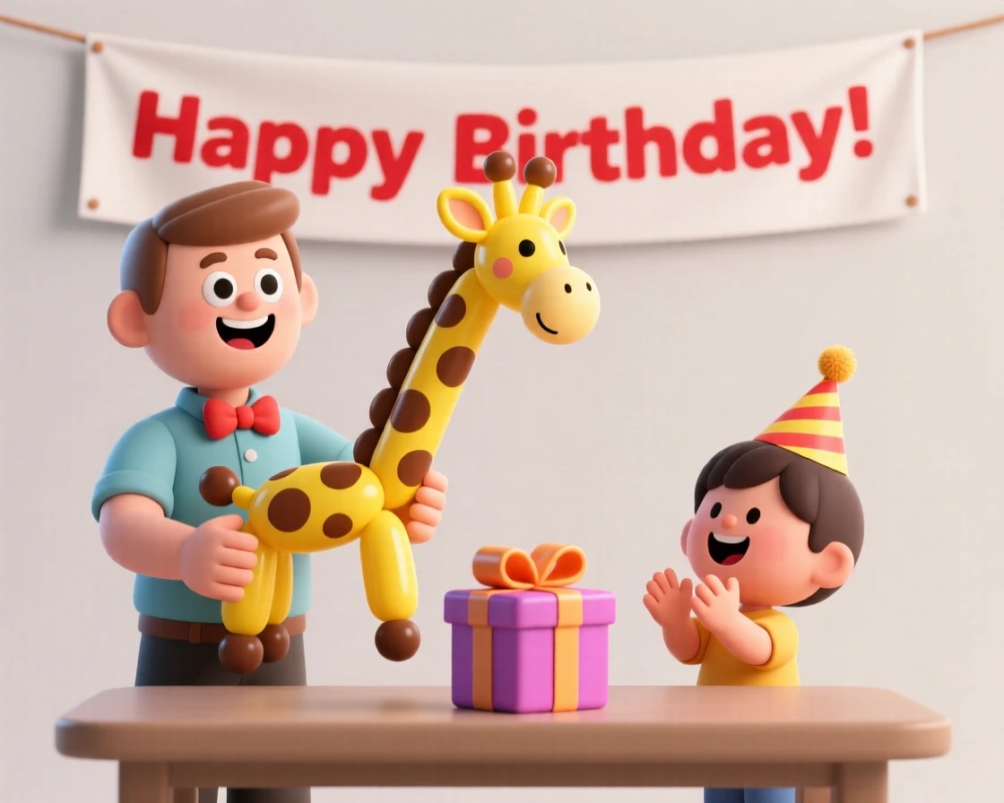 A cheerful balloon artist twists colorful shapes into a giraffe for a delighted birthday party guest.