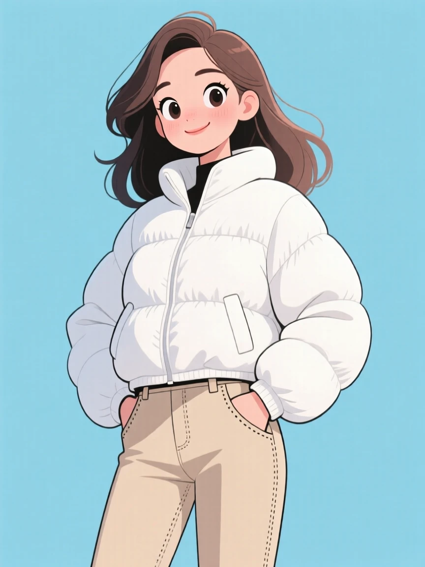 Stylish illustration of a woman in a white puffer jacket and beige pants, exuding calmness against a light blue background.
