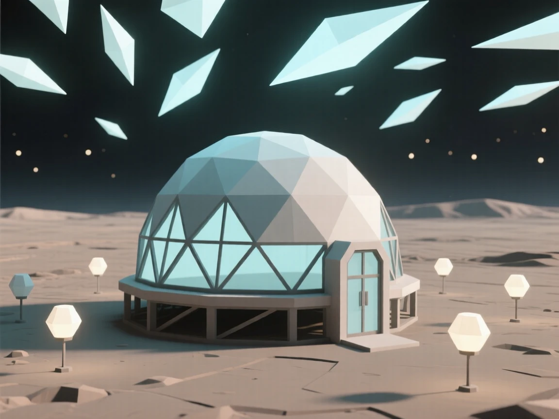 A futuristic greenhouse dome glowing on a barren planet, beneath a canopy of dreamlike floating light. soft glowing light sources create a sense of depth and scale. The scene feels vast, mysterious, and awe-inspiring.