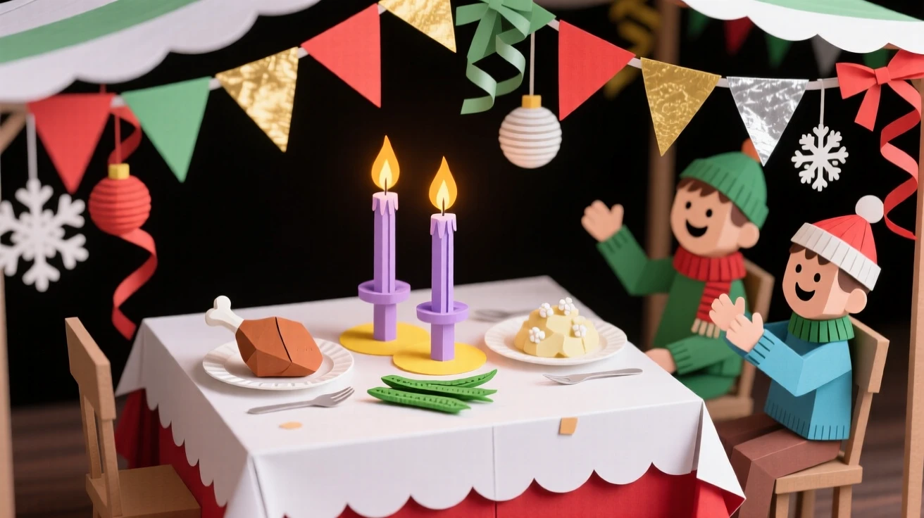 A romantic candlelit holiday dinner set beneath a canopy of colorful decorations, with children laughing and playing nearby, evoking nostalgic seasonal magic.