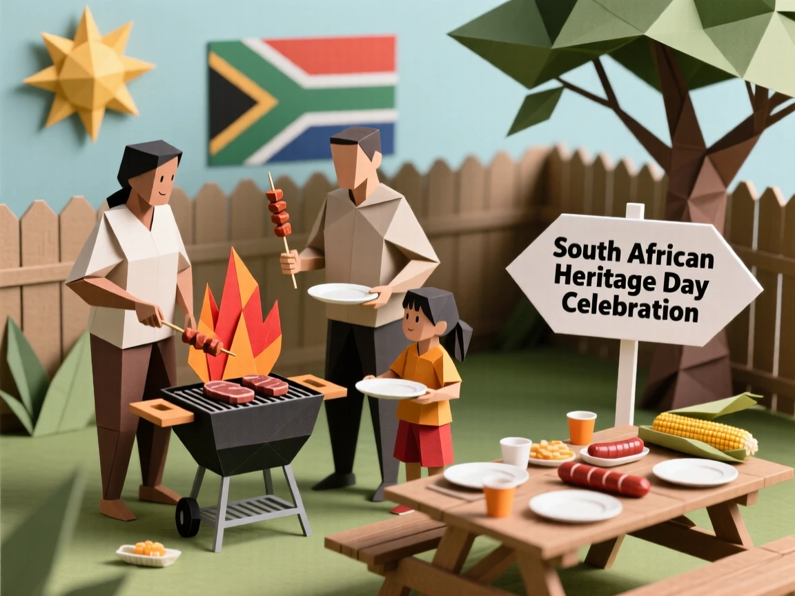 A South African Heritage Day celebration scene with a family braai gathering in a backyard.
