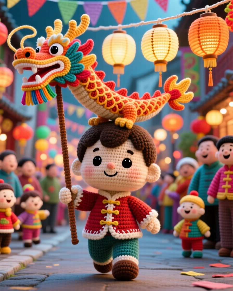 A festive cultural scene of a small boy carrying a paper dragon puppet held high on a long pole, leading a lively New Year parade within a bustling street decorated for a festival; a row of glowing lanterns lining the path nearby, full of joyful community celebration and shared tradition.