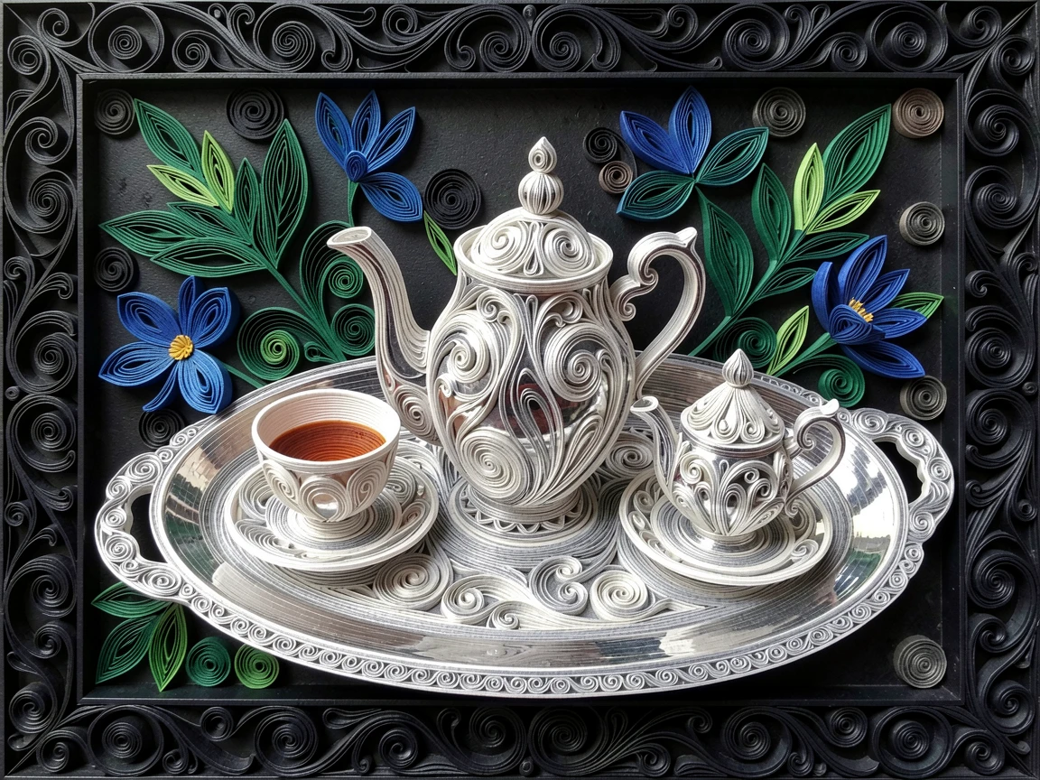A sophisticated luxury scene of an elegant tea set arranged on a silver tray in a sophisticated penthouse suite, in deep jewel tones of emerald and sapphire, framed with rich, deep shadows for contrast.