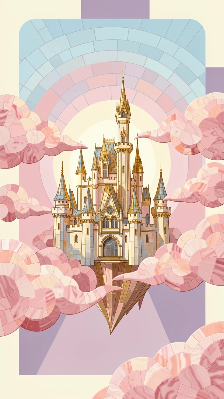 A floating castle drifting among soft pink clouds.