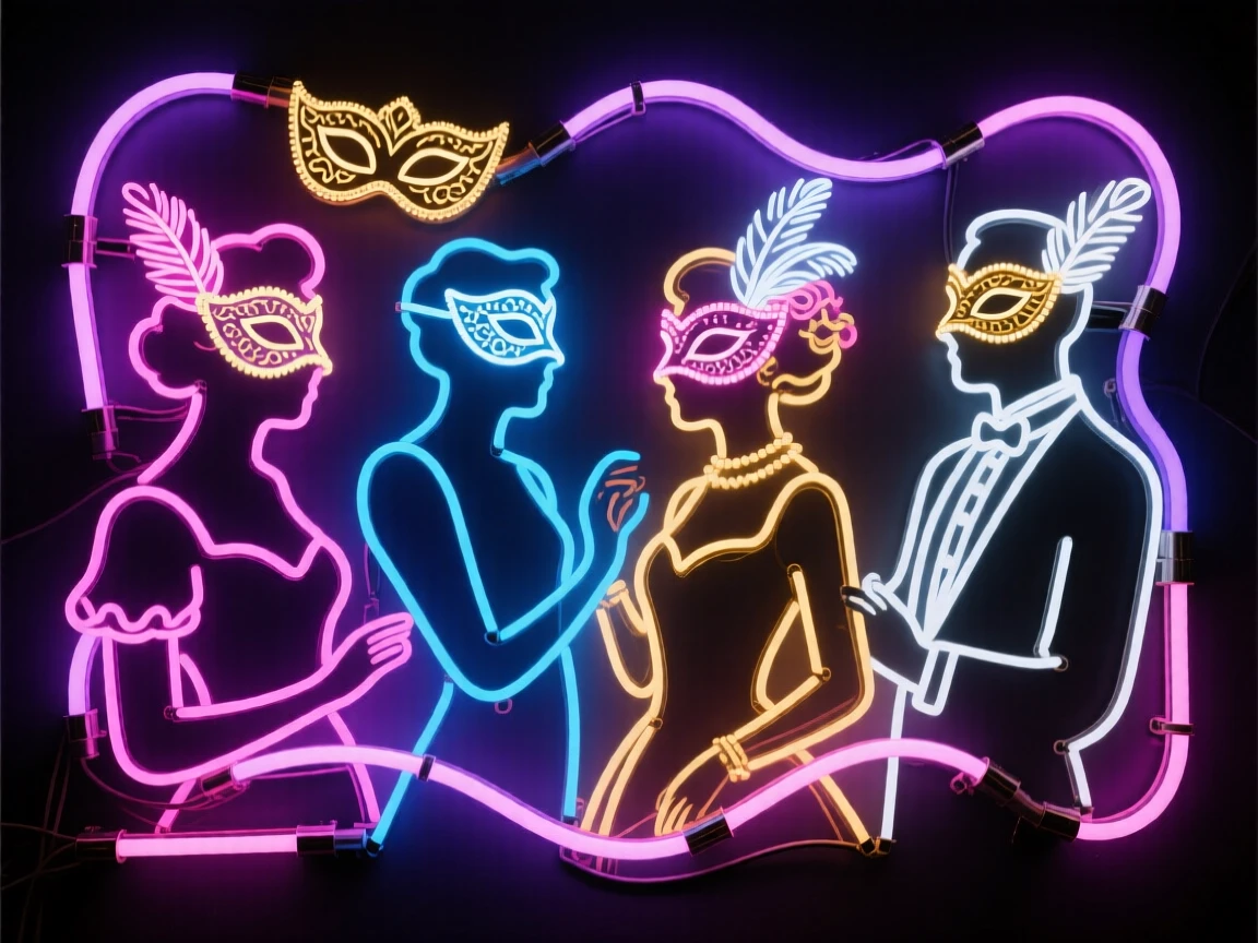 A Venetian masquerade ball with guests in ornate masks.