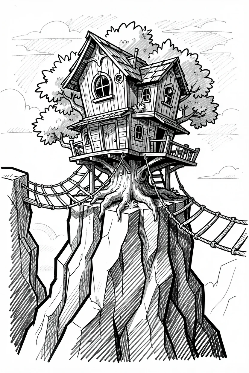 A treehouse connected by rope bridges atop a cliff at sunset.