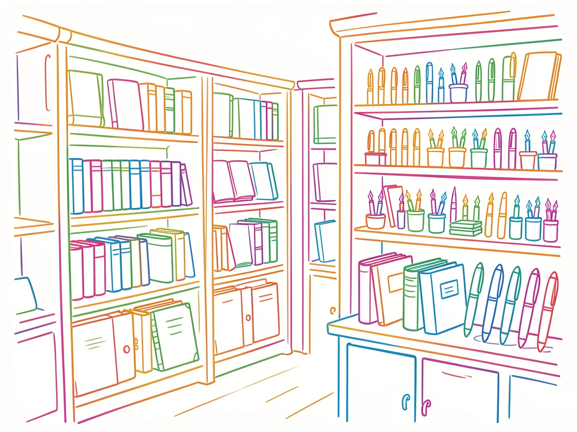 A quiet stationery shop with shelves of journals and fountain pens.