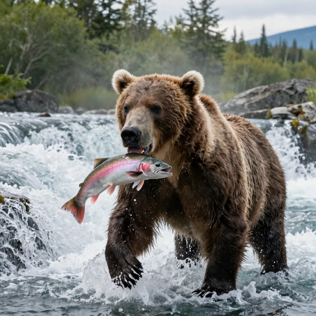 A Alaskan brown bear catching salmon at a waterfall