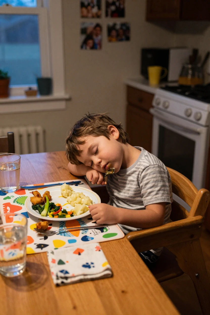 A child falls asleep mid-bite at the dinner table, spoon still in hand, cheek resting on a placemat.