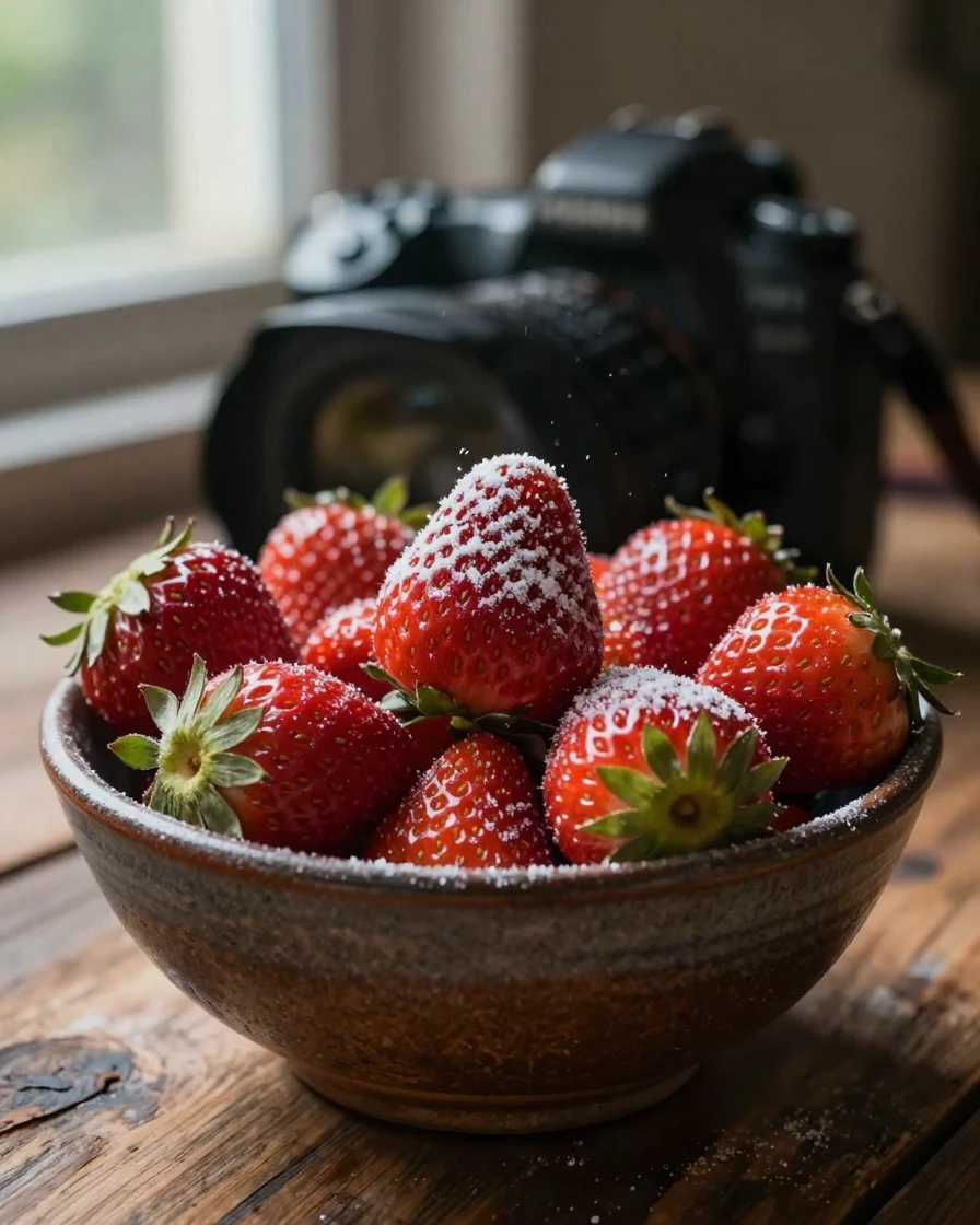 A bowl of fresh strawberries dusted lightly with powdered sugar