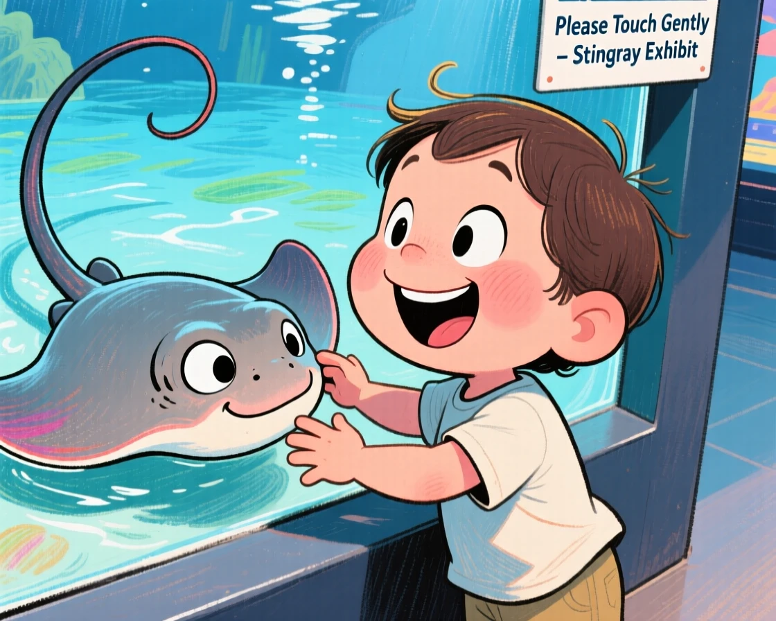 A child petting a gentle stingray at a touch tank exhibit.