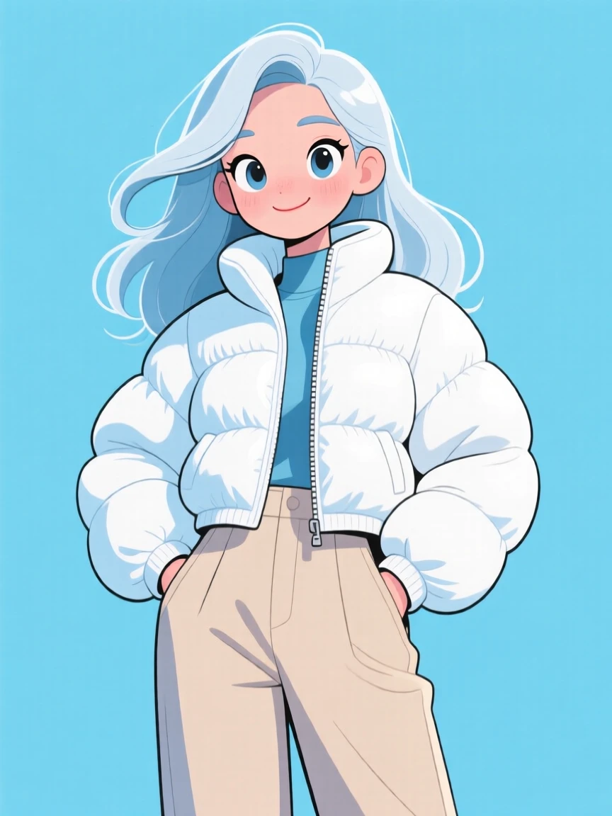 Stylish illustration of an icy beauty in a white puffer jacket and beige pants, exuding calmness against a light blue background.