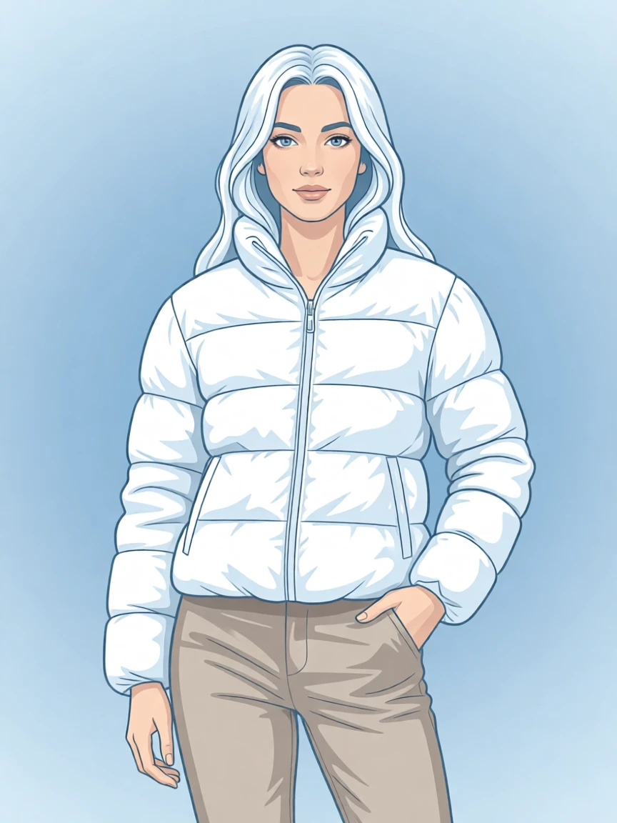 Stylish illustration of an icy beauty in a white puffer jacket and beige pants, exuding calmness against a light blue background.