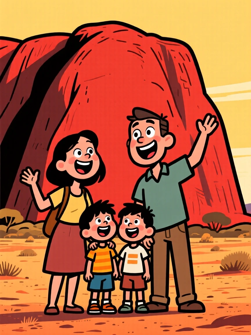 An iconic travel scene featuring a family on vacation standing before the towering red rock of Uluru, as the golden afternoon light glows around them.