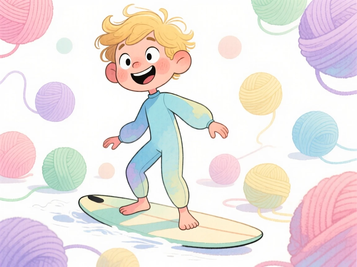 A surfer surrounded by balls of colorful yarn