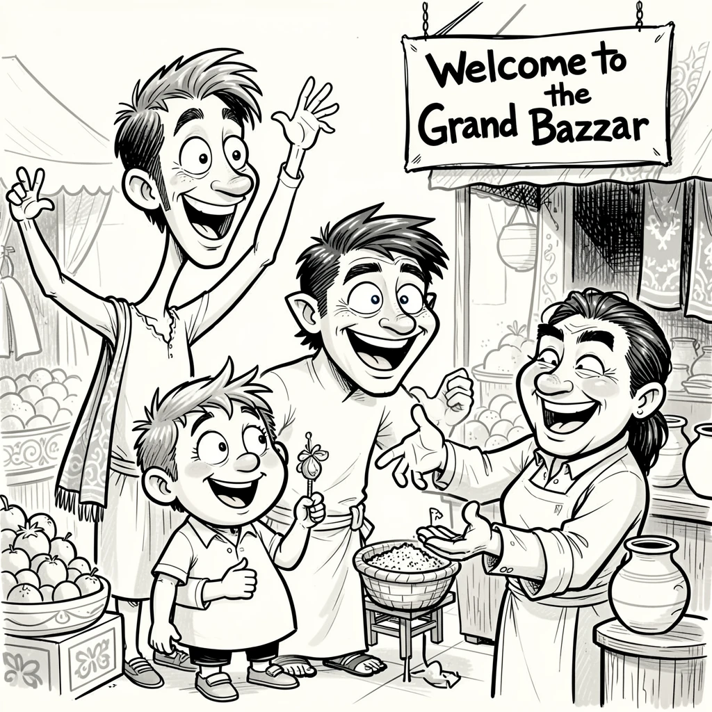 [Travel & Cultural Experiences] Vivid travel scene of an awestruck group of friends haggling cheerfully at a bazaar, full of wonder and adventure