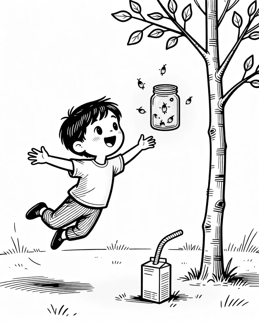 A child staring in wonder at a jar of fireflies, leaping with both arms outstretched to catch one, set in a backyard with exactly one skinny sapling. A juice box straw bends at an awkward angle nearby. The scene captures the wild imagination only kids have.