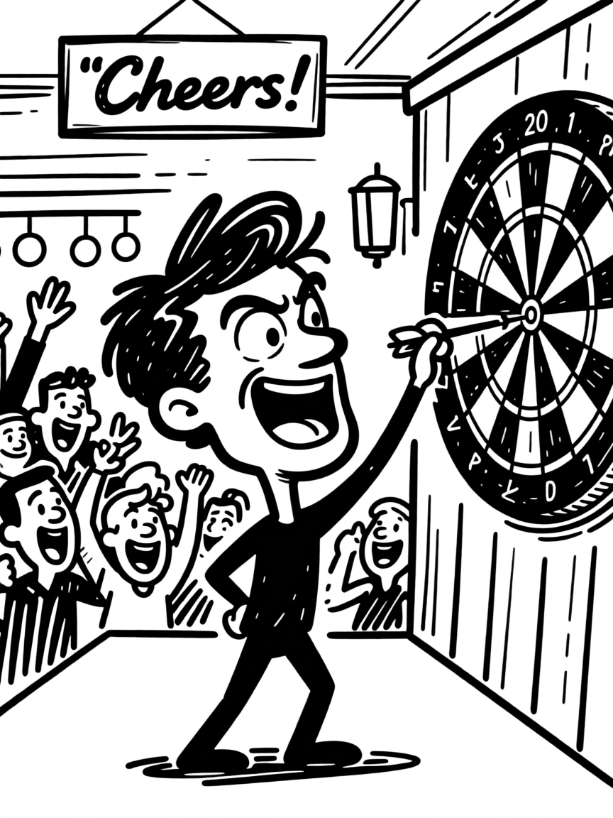 A darts player nailing a bullseye, crowd cheering in a lively pub.