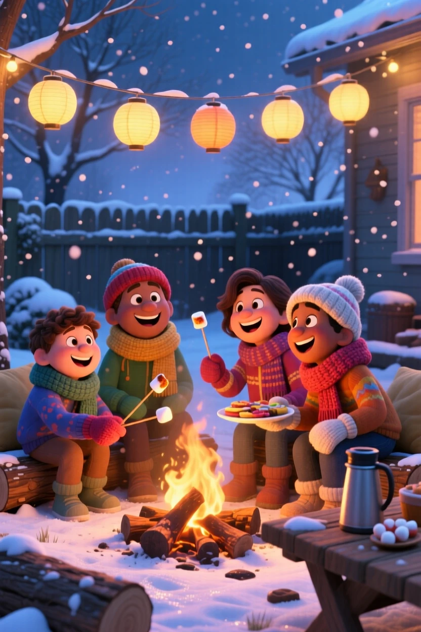 Friends roasting marshmallows over a campfire happens in a backyard strung with paper lanterns, with soft snow drifting gently down. The mood is joyful, nostalgic, and full of celebration.