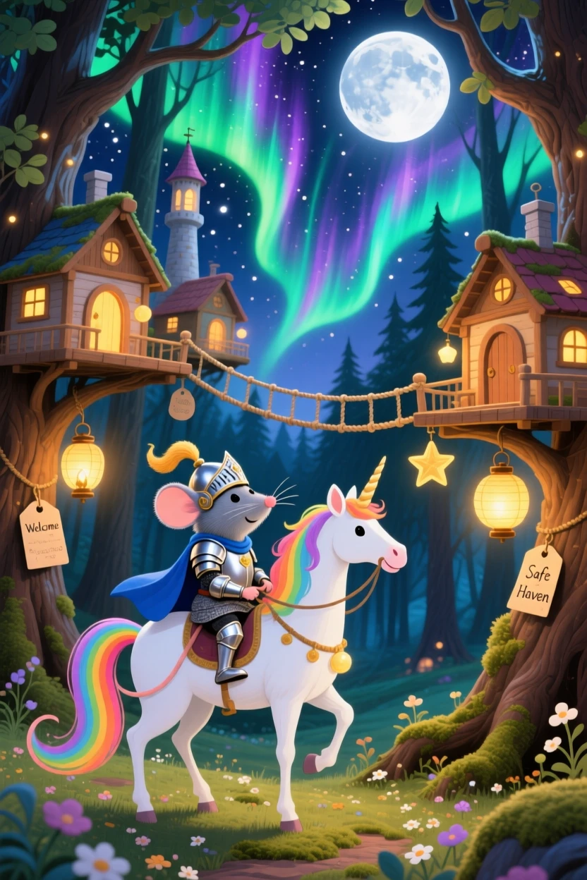 A tiny castle mouse knight pauses from riding a unicorn through a moonlit forest to marvel at a treehouse village strung with lanterns, as the northern lights ripple overhead.