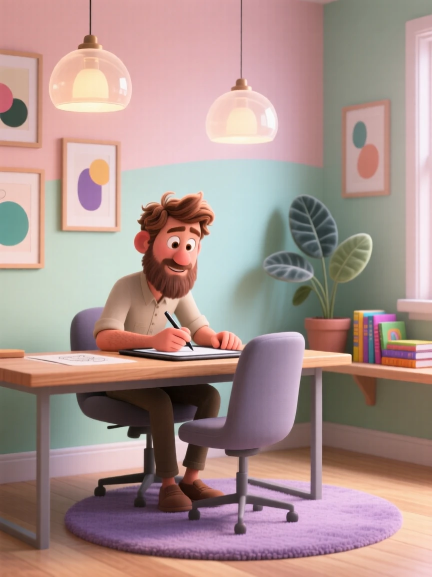 Stylized 3D illustration of a bearded man in a minimalist room with pastel colors, featuring a desk and pendant lights.
