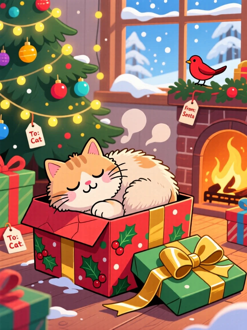 A cat curled up inside an empty gift box on Christmas morning.