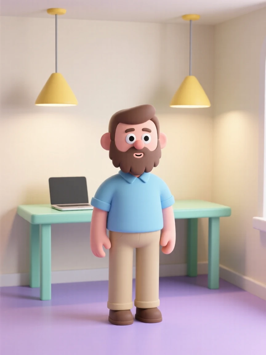 Stylized 3D illustration of a bearded man in a minimalist room with pastel colors, featuring a desk and pendant lights.