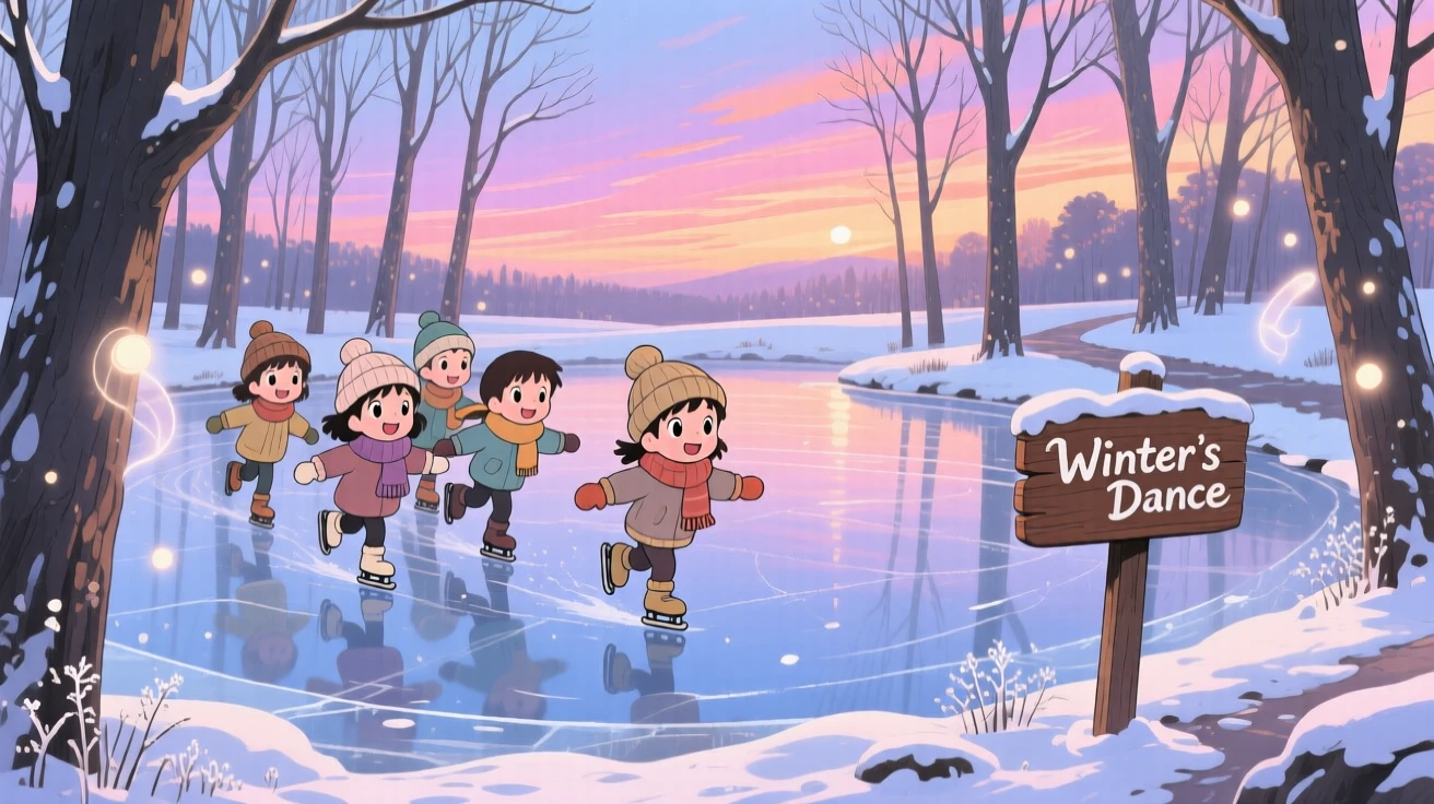 A winter scene of a frozen pond where children skate under bare trees, under a sky streaked with color.