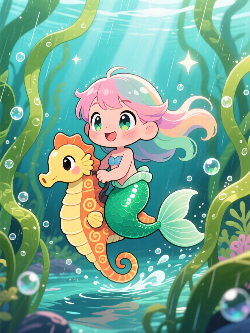 Medium shot: a young mermaid, riding a seahorse through swaying kelp, set against an underwater kelp forest during a gentle spring rain shower, with sparkling starlight and a mood of eager anticipation.