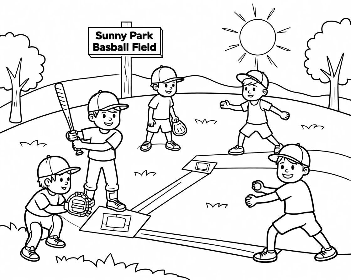 A group of children playing baseball in a sunny park
