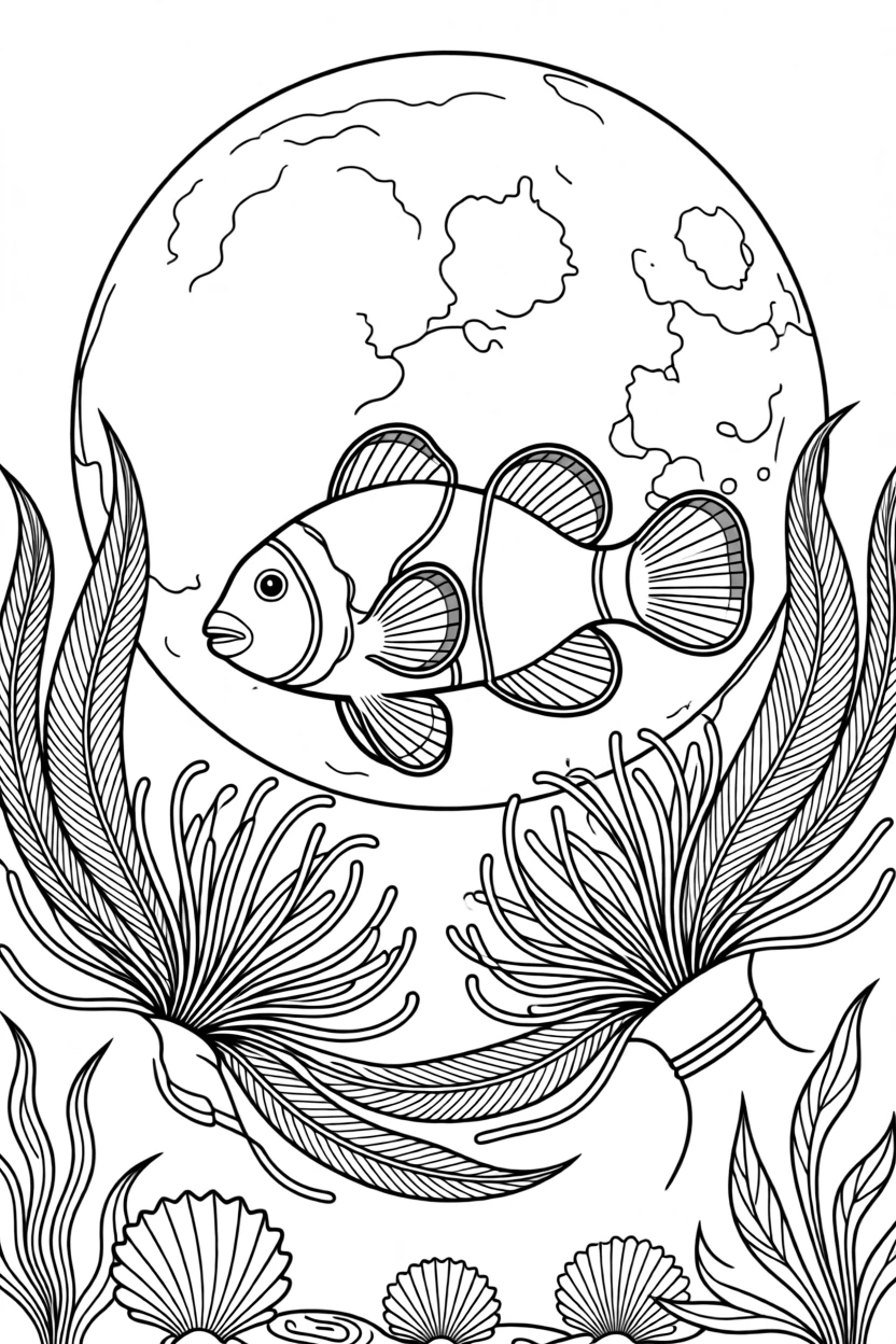 A clownfish among anemones silhouetted against a full moon, with dramatic feather detail catching the wind.