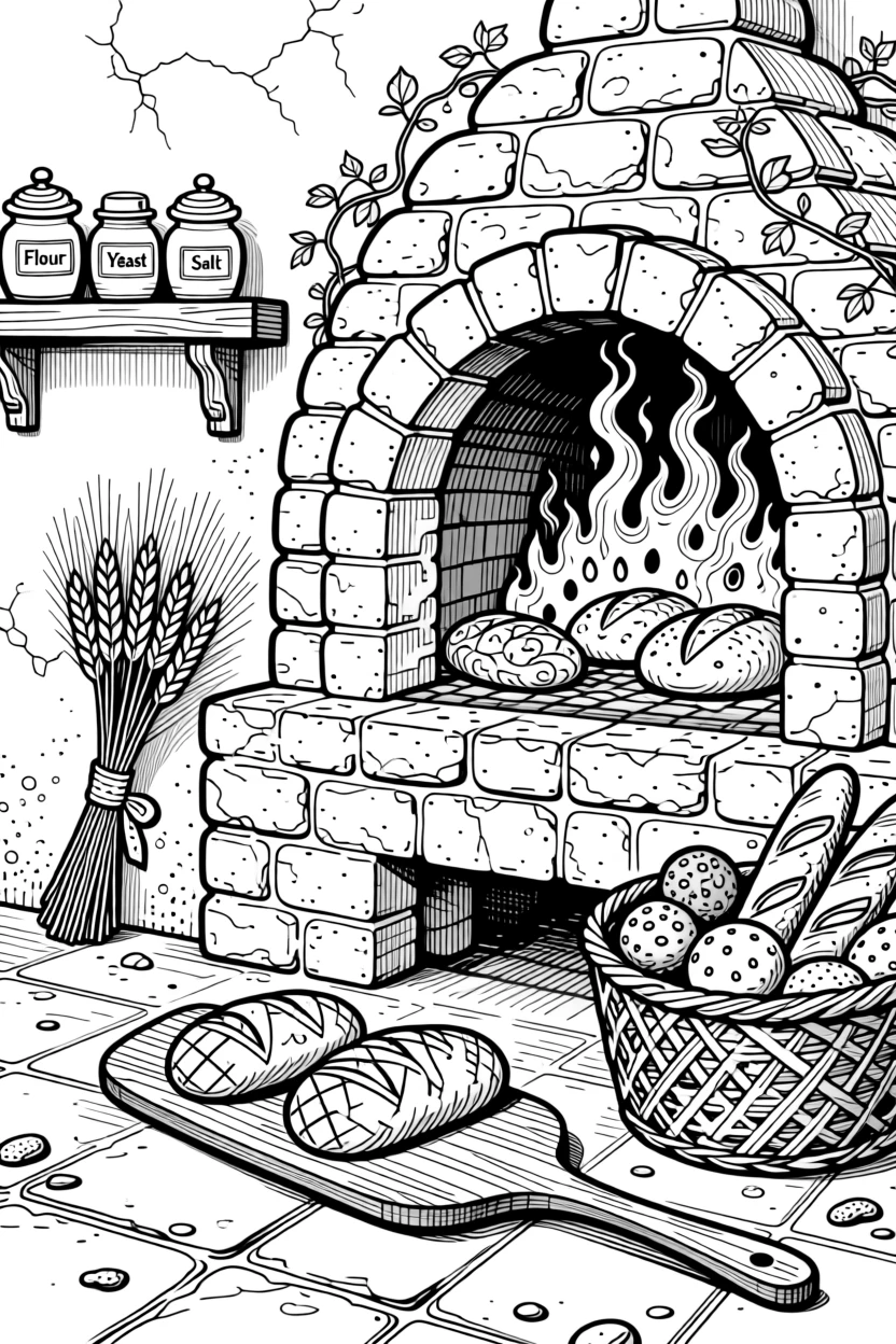 A rustic bread oven scene glowing with embers and rising loaves.