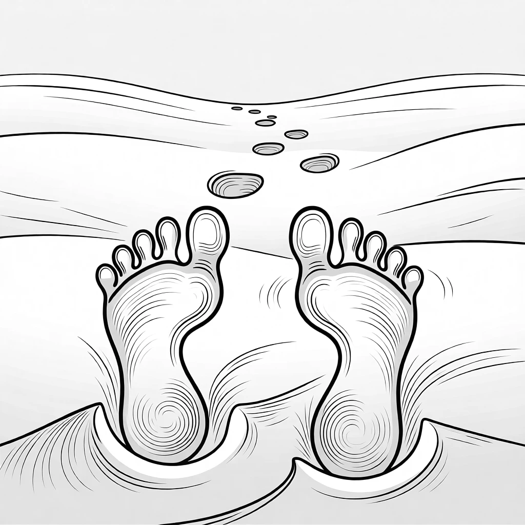 A pair of footprints in the sand leading toward the horizon