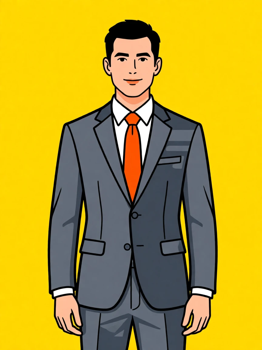 Stylish illustration of a confident man in a gray suit with an orange tie, set against a bold yellow background.