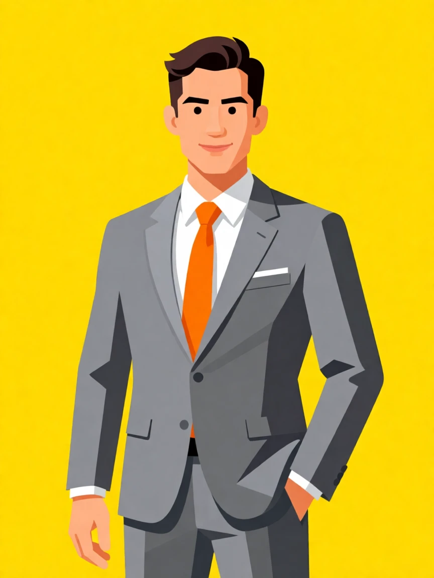 Stylish illustration of a confident business man in a gray suit with an orange tie, set against a bold yellow background.
